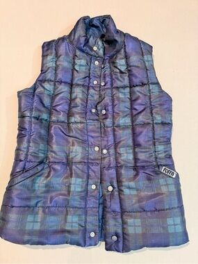 Rare Puffa Women’s Blue& Green Plaid Quilted Puffer Vest made in England Small